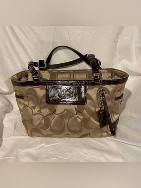Coach Khaki Signature Canvas Tote with Dark Brown Trim